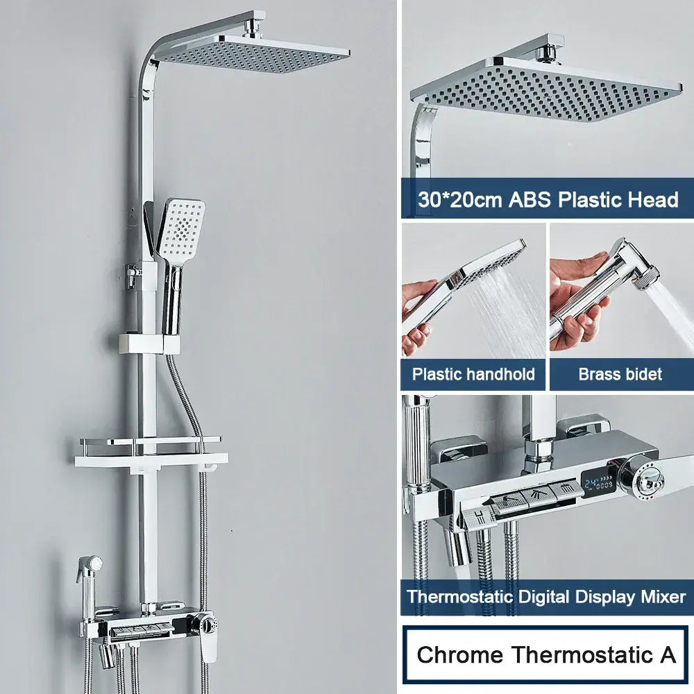 Chrome decorbites digital display shower system with chrome finish square rainhead handheld spray and digital thermostatic mixer