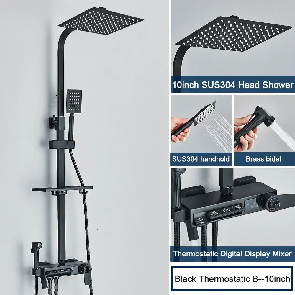 Black 10-inch sus304 head shower with matching handheld brass bidet and digital display mixer in decorbites digital display shower system