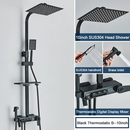 Black 10-inch sus304 head shower with matching handheld brass bidet and digital display mixer in decorbites digital display shower system