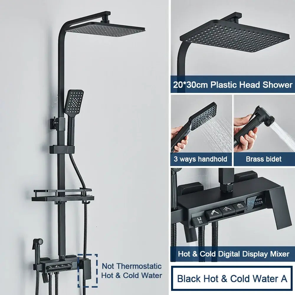 Chrome decorbites digital display shower system with black matte finish, square rainhead, handheld spray, and tub spout
