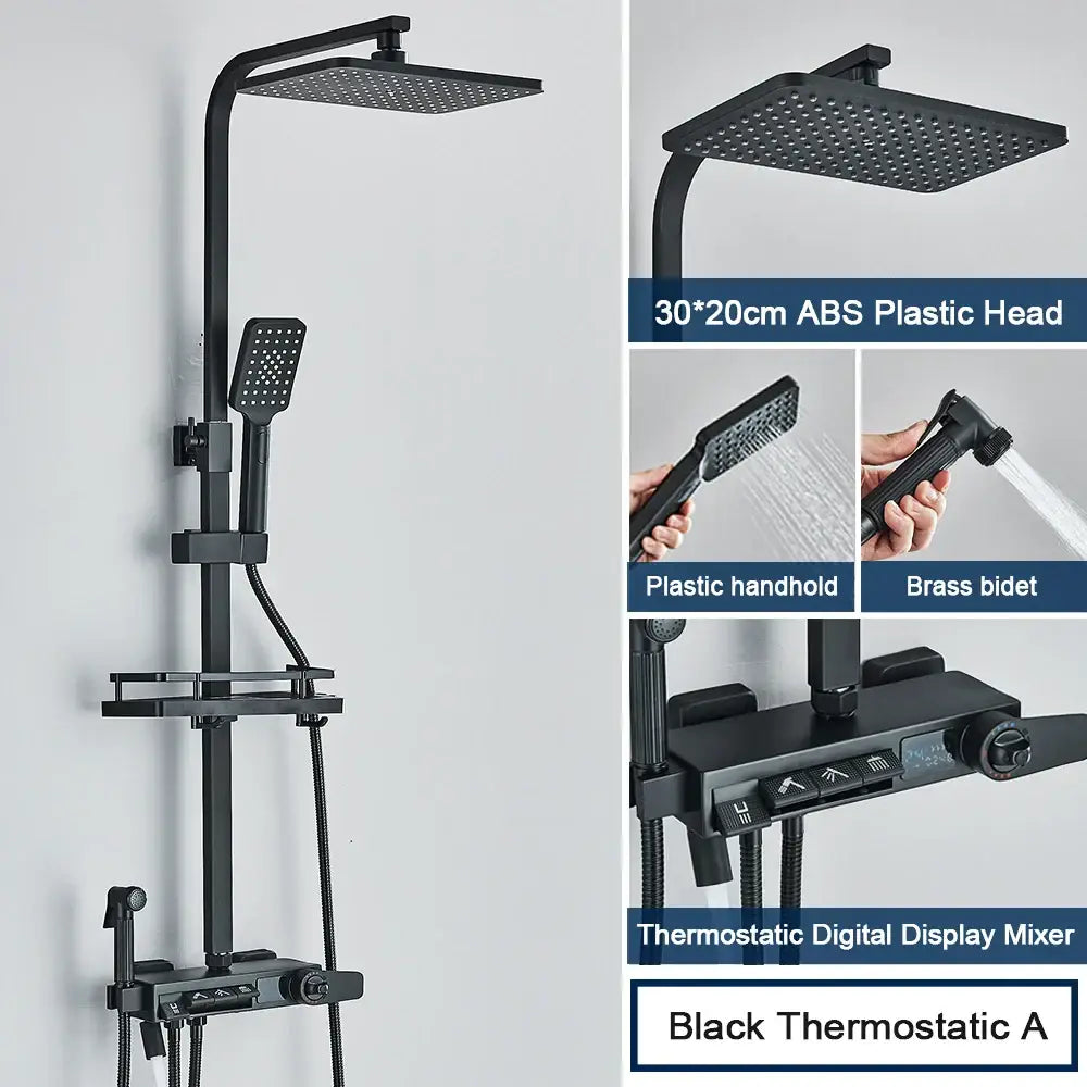 Black matte finish decorbites digital display shower system with square rainhead handheld spray and thermostatic mixer