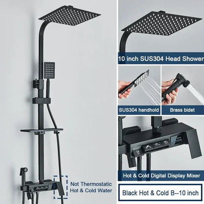 Black matte decorbites digital display shower system with 10 inch rainhead sus304 sprayer and brass bidet nozzle