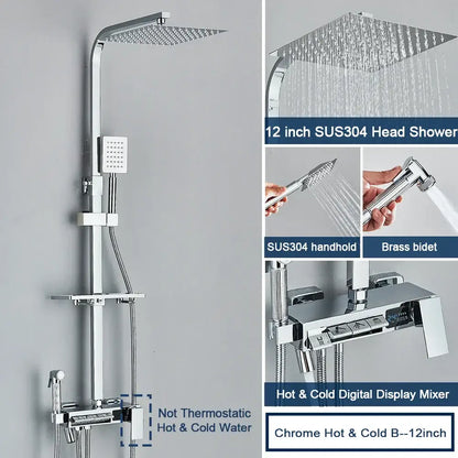 Chrome decorbites digital display 12-inch square shower head with sus304 stainless steel and integrated rain spray pattern