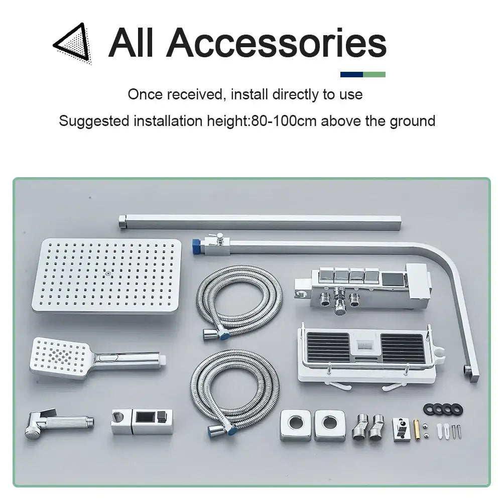 Silver finished chrome decorbites digital display shower system with rectangular rainhead handheld spray and tub spout