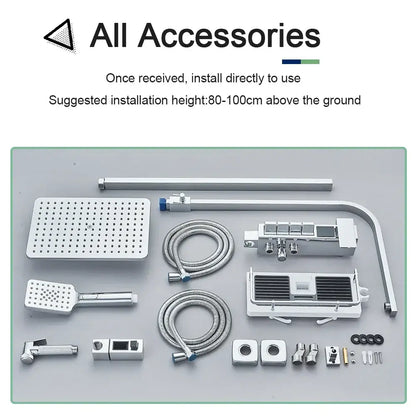 Silver finished chrome decorbites digital display shower system with rectangular rainhead handheld spray and tub spout