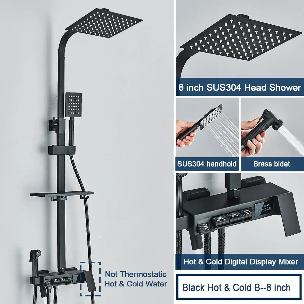 Black matte chrome decorbites digital display shower system with square rainhead handheld shower and tub spout