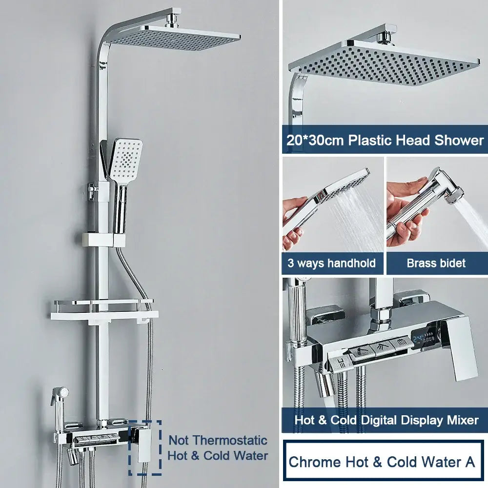 Chrome decorbites digital display shower system with square rainhead, handheld spray, brass bidet, and tub spout