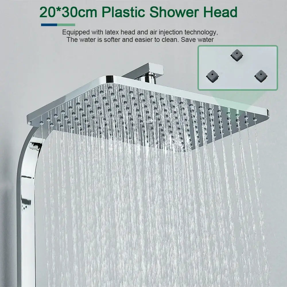 Shiny chrome-finished rectangular shower head with multiple jets from decorbites digital display shower system