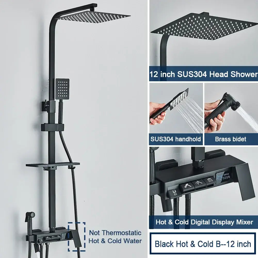 Black matte decorbites digital display shower system with square rainhead handheld shower and tub spout chrome bathroom
