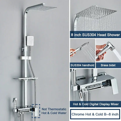 Chrome finish 8-inch square shower head with sus304 stainless steel and rain style spray for decorbites digital display shower system