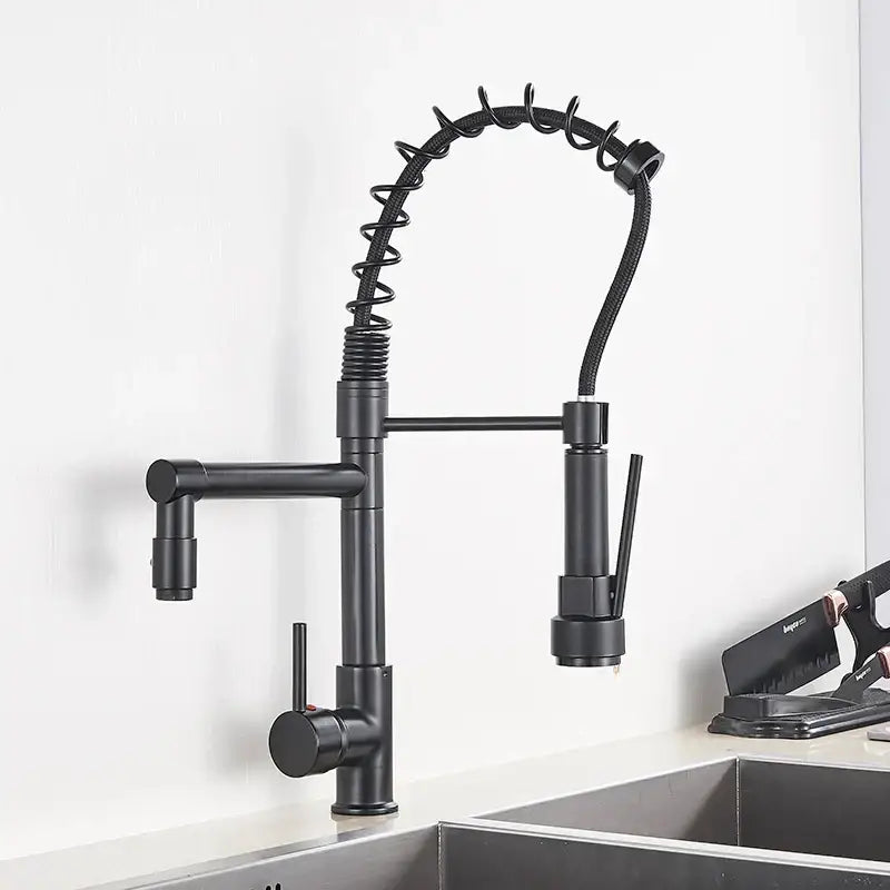 Black matte-finish decorbites kitchen faucet with pull-down spring hose and flexible coiled spray head for kitchen use