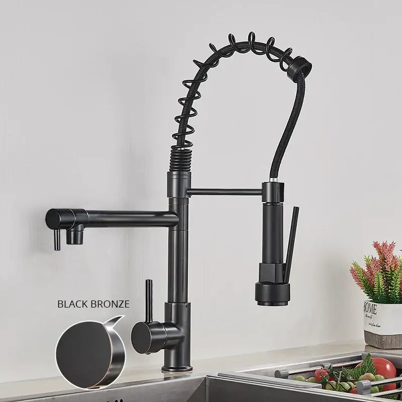 Black bronze decorbites kitchen faucet with pull down spring hose and flexible coiled spout for modern kitchen use