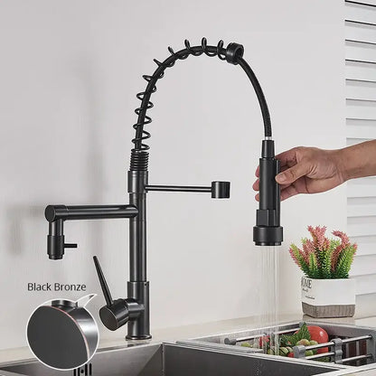 Black bronze decorbites kitchen faucet with pull down flexible coiled spout and spray head for efficient use