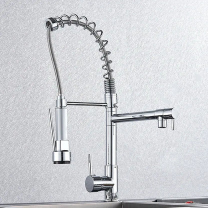 Chrome decorbites kitchen faucet with pull down spring hose and dual handles in chrome finish for hot and cold water control