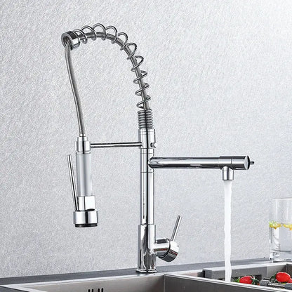 Chrome decorbites kitchen faucet with pull down spring hose and dual spray heads in chrome finish for versatile use