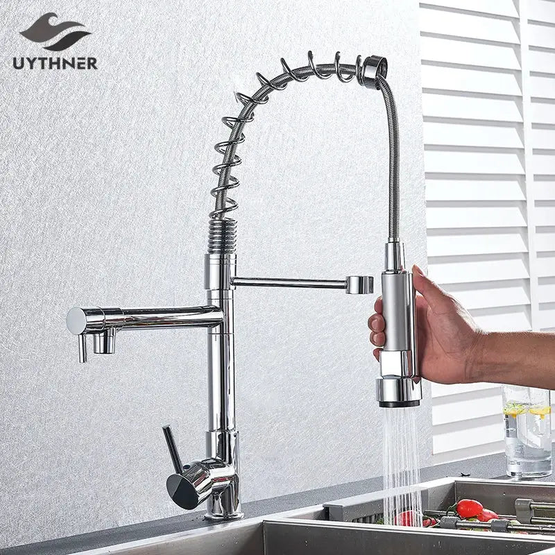 Chrome decorbites kitchen faucet with pull down spring hose featuring a flexible coiled chrome finished spray head