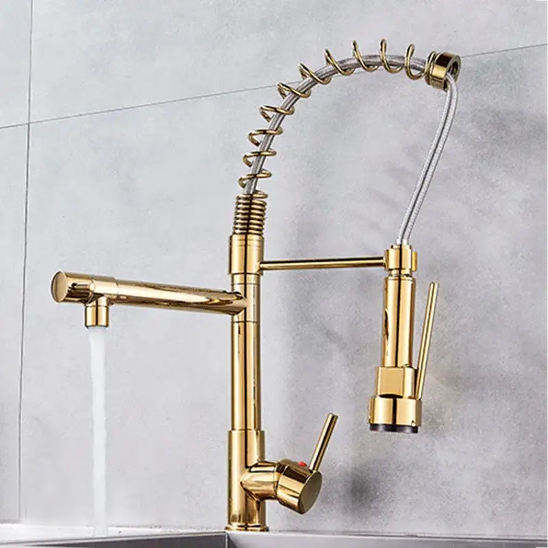 Gold color decorbites kitchen faucet with pull down flexible coiled spring hose and dual spray heads for kitchen use