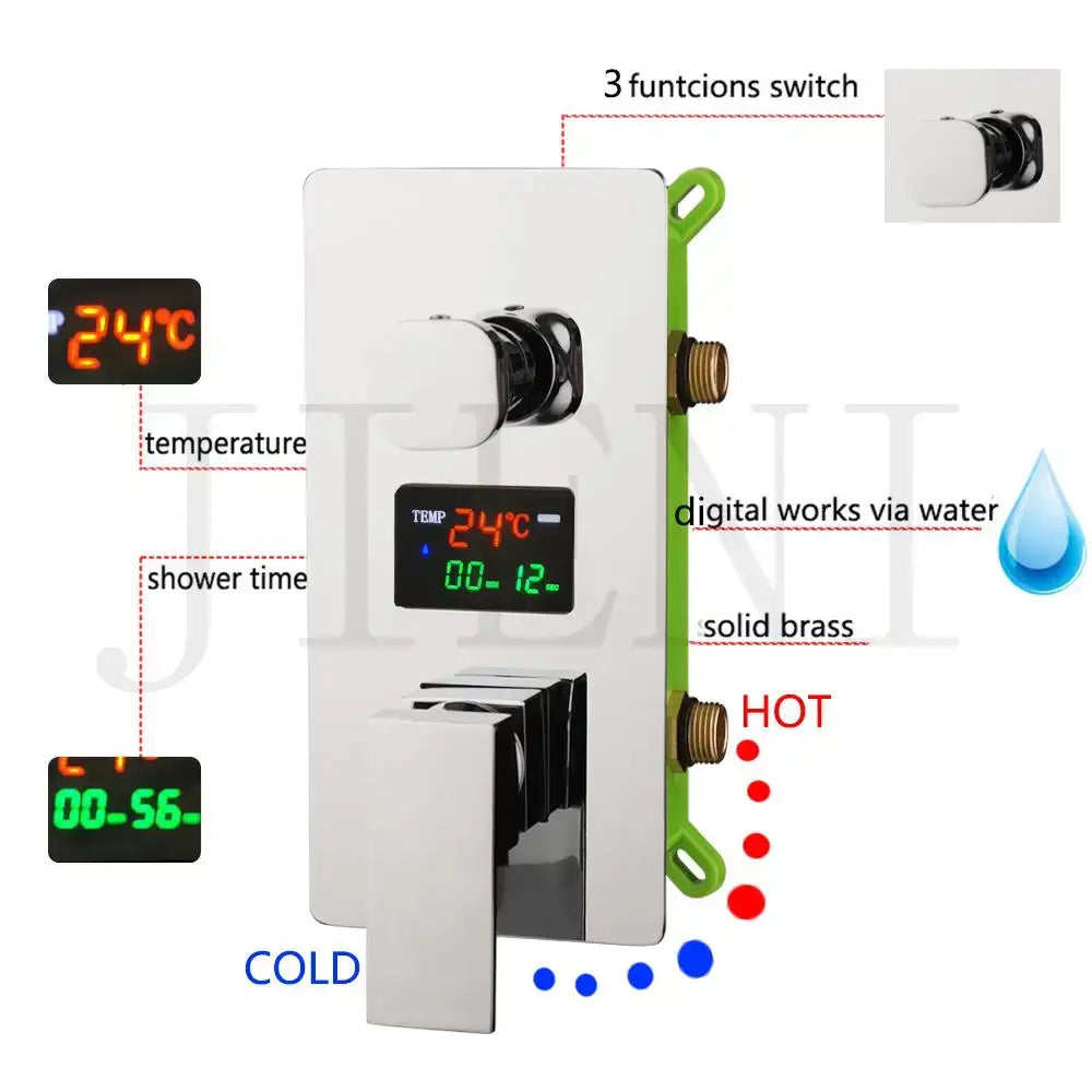 Modern chrome shower mixer valve control panel with digital temperature and time display made of solid brass wall mount