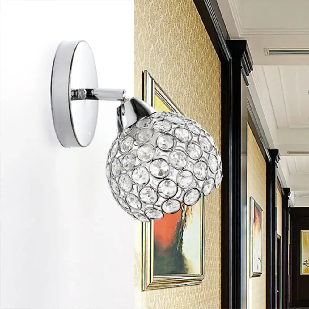 Chrome dome crystal wall sconce with spherical crystal globe design in chrome finish for living room lighting