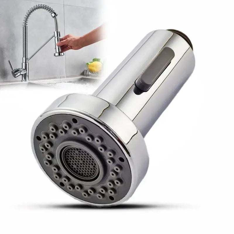 Chrome finished DecorBites dual function kitchen sprayer head with textured multi-hole spray face and black trigger button