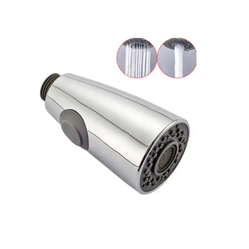 Chrome finished decorbites dual function kitchen sprayer head with textured gray trigger and adjustable nozzle settings