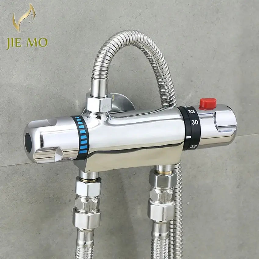 Chrome dual handle thermostatic shower faucet mixer with shiny chrome finish, red reset button, and blue temperature ring