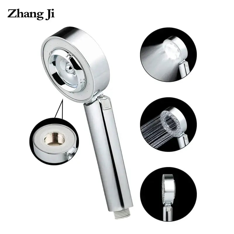 Chrome finished dual sided shower head with multiple spray settings and integrated shower gel container for bathroom use