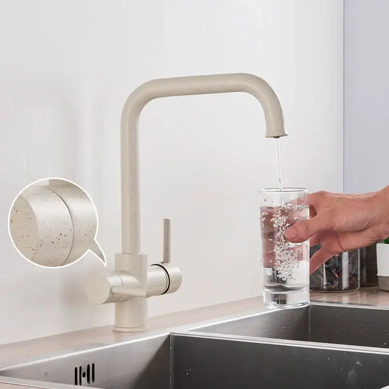 Modern beige speckled decorbites dual spout filter faucet with sleek curved spout and 360 rotation for kitchen sink