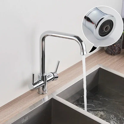 Chrome dual spout filter kitchen sink tap with 360 rotation featuring a sleek curved spout and dual handles by decorbites