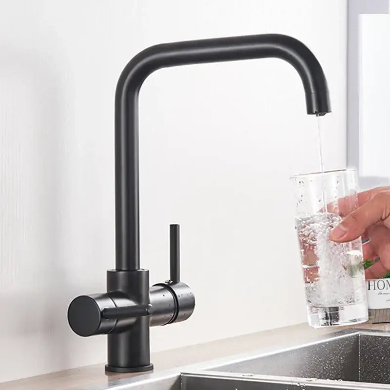 Modern matte black decorbites dual spout filter faucet with sleek curved spout and 360 rotation for kitchen sink use