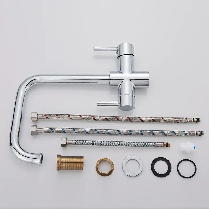 Chrome dual spout filter kitchen sink tap with 360 rotation featuring a sleek curved spout and dual handles decorbites dual spout