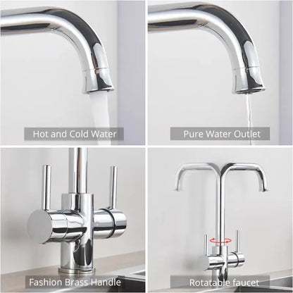 Chrome decorbites dual spout filter faucet with chrome finish, 360 rotation, and dual handles for kitchen sink use