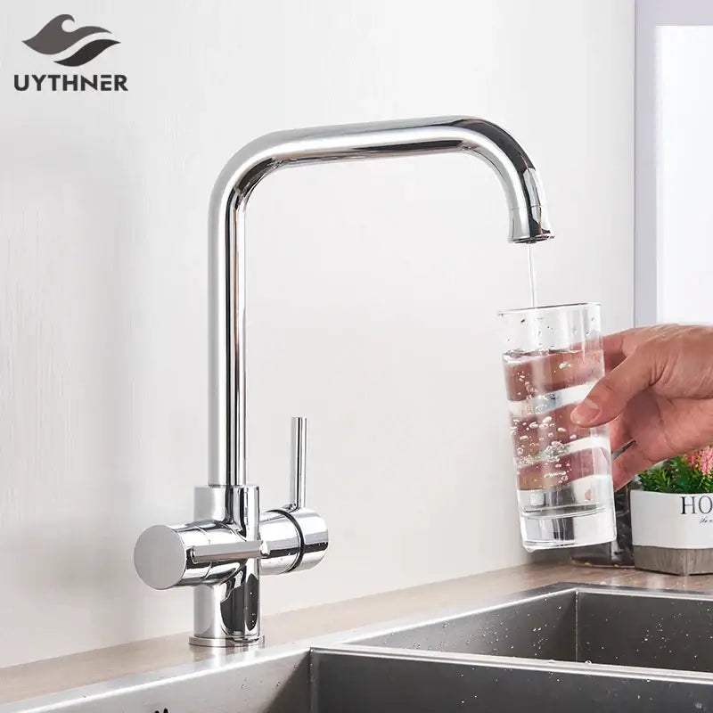 Chrome-finished decorbites dual spout filter faucet with sleek curved spout and dual control handles for kitchen sink