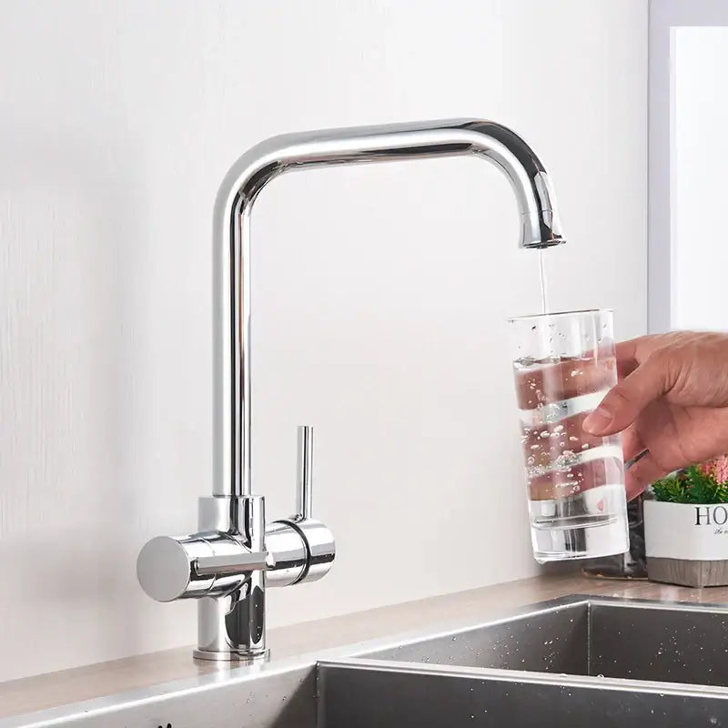 Modern chrome dual spout filter kitchen sink tap with sleek curved spout dual control handles and 360 rotation decorbites dual spout