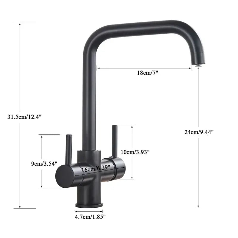Black matte finish decorbites dual spout filter faucet with curved spout and dual handles for kitchen sink tap