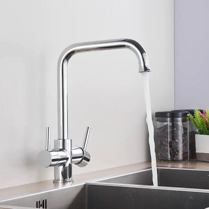 Chrome dual spout filter faucet kitchen sink tap with 360 rotation and sleek curved chrome finish handles by decorbites dual spout