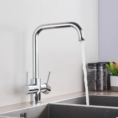 Chrome dual spout filter faucet kitchen sink tap with 360 rotation and sleek curved chrome finish handles by decorbites dual spout