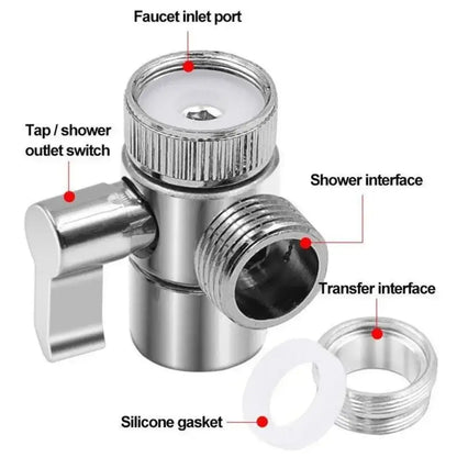Shiny chrome finished 3-way shower head diverter valve inlet port with textured knob and threaded connections visible from back side