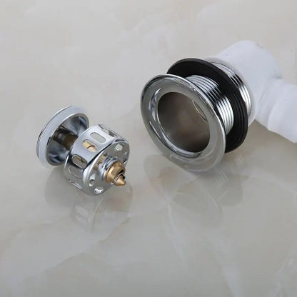 Chrome finished copper foot push bathtub drain pipe showing brass internal mechanism and black gasket for decorbites copper tub