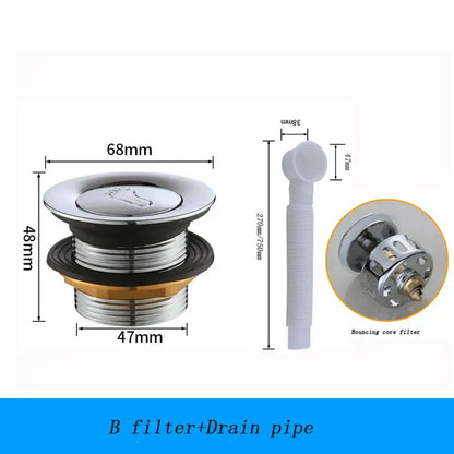 Chrome finished copper foot push bathtub drain pipe with black rubber seal brass base and white plastic pipe for decorbites copper tub