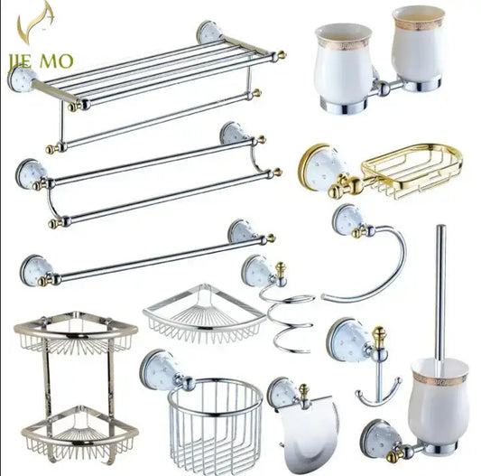 Jie mo chrome and gold ceramic bathroom hardware set with white ceramic accents for decorbites bathroom hardware