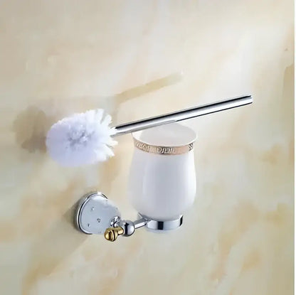 White ceramic toilet brush holder with gold trim and chrome wall mount from decorbites bathroom hardware set