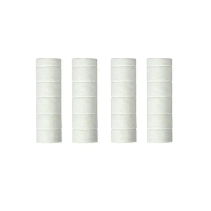 Four white pleated cylindrical filter cartridges for chrome high pressure water saving shower head bathroom use