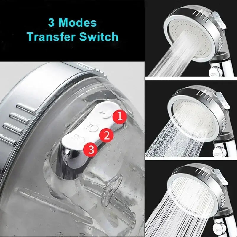 Chrome high pressure water saving shower head with clear filter housing and three spray modes for bathroom use