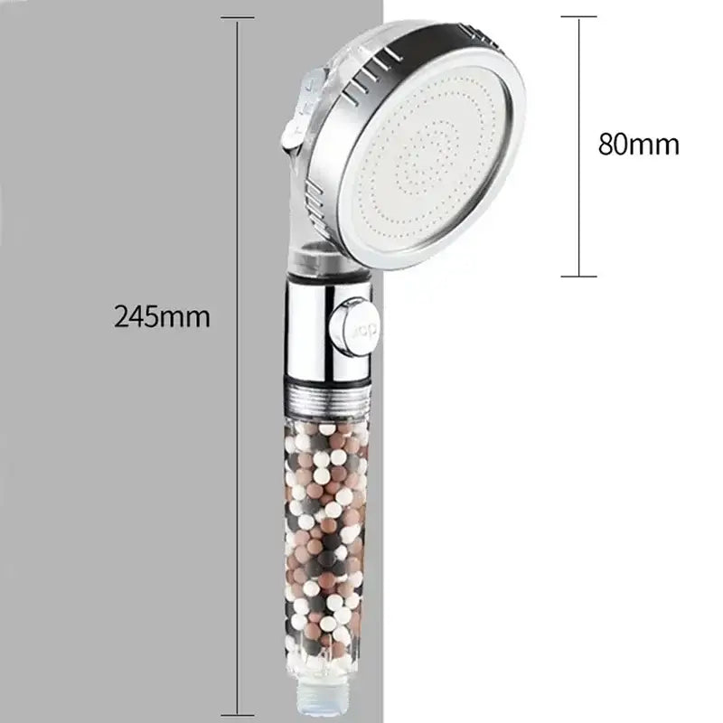 Chrome high pressure water saving shower head with transparent body filled with multicolored filtration beads for bathroom use