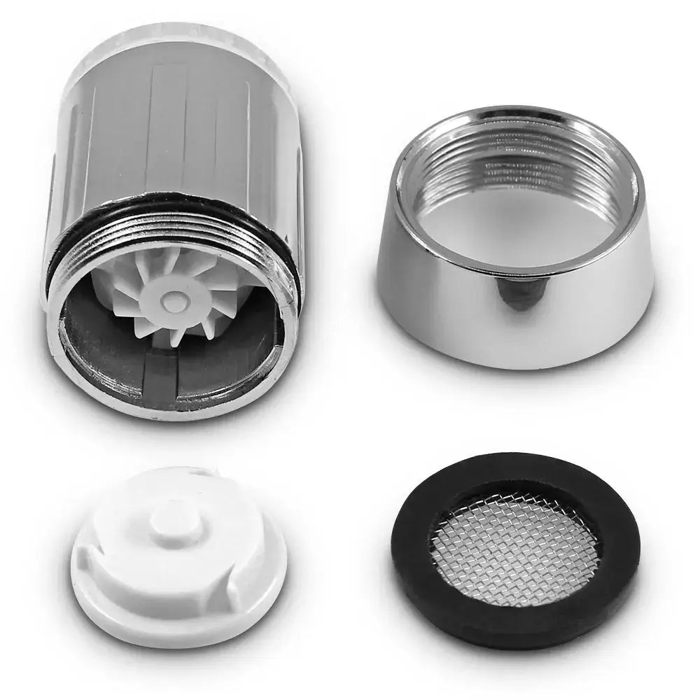 Chrome led faucet aerator with chrome finish white plastic cap and black rubber mesh filter for kitchen water saving light