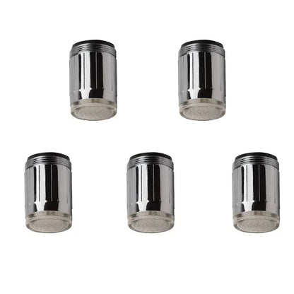 Five chrome led faucet aerators with ribbed bodies and clear plastic nozzles for kitchen water saving use