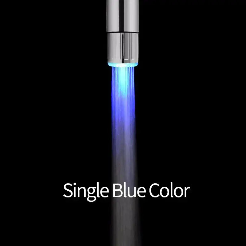 A sleek chrome led faucet aerator with a vibrant blue light for kitchen water saving and stylish illumination