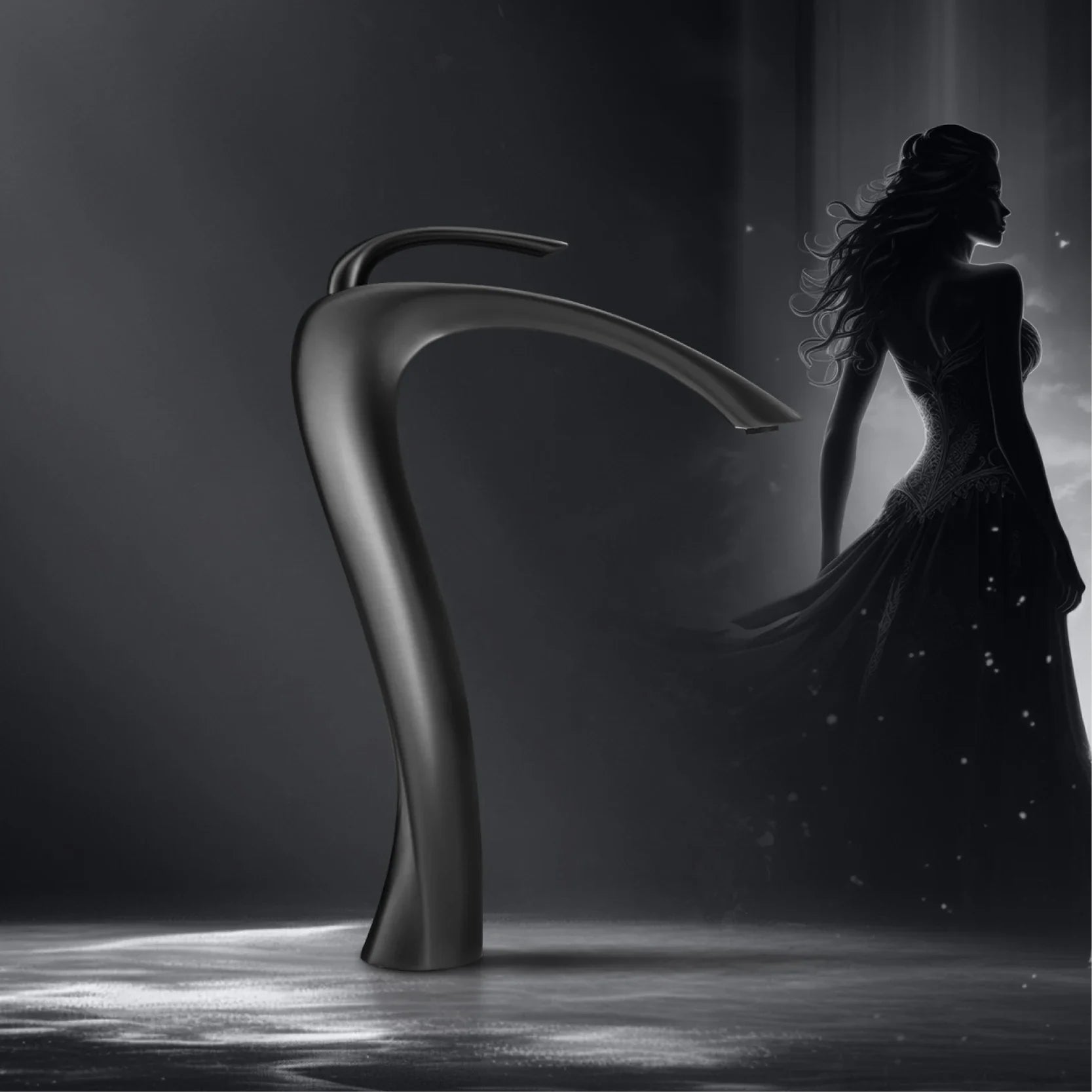 Modern matte black deck mounted brass bathroom vanity faucet with sleek curved design and single hole cold water control