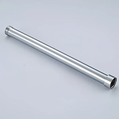 Silver metallic bicycle fork steerer tube with threaded ends used as a chrome brass shower faucet extension tube